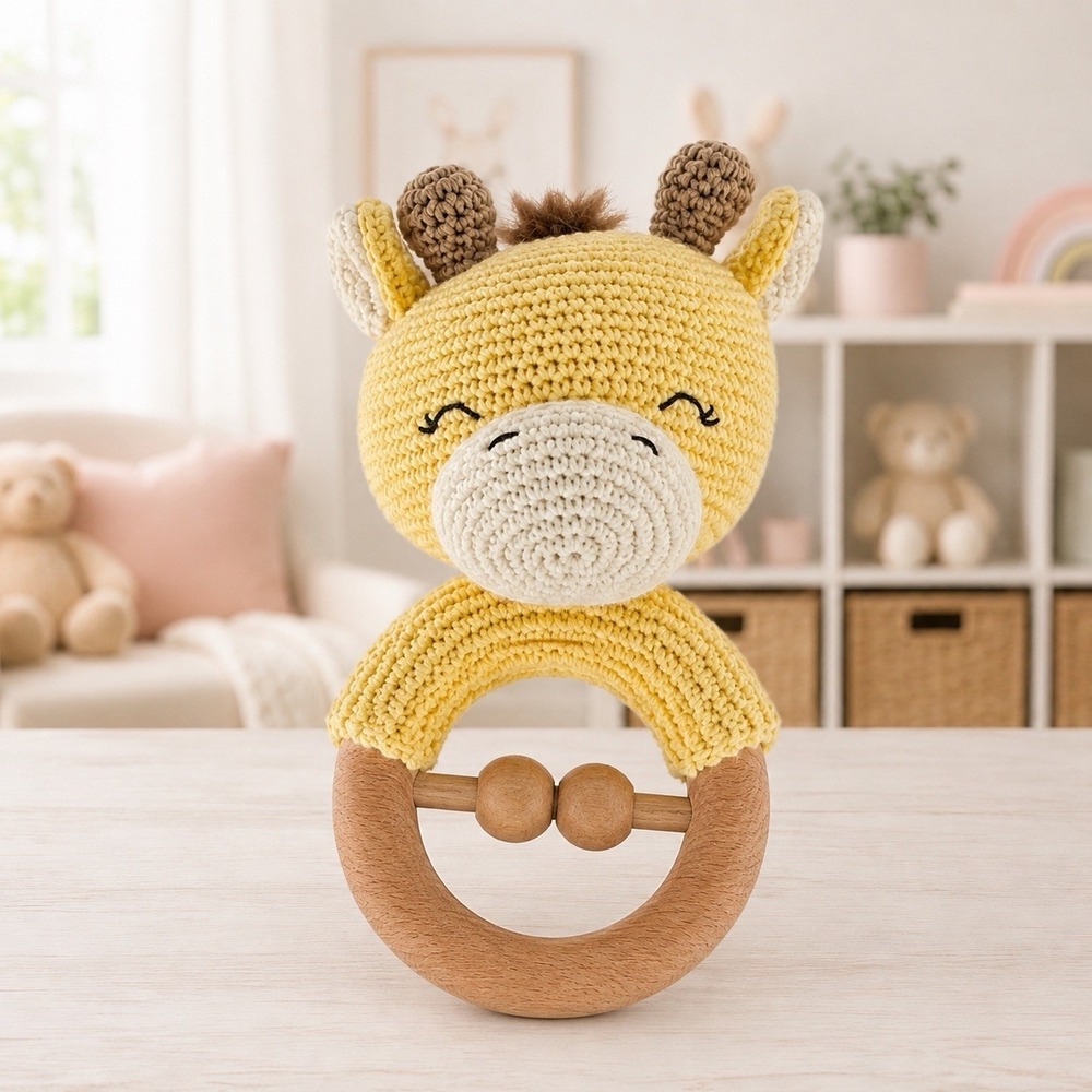 Sunny Days Giraffe Wooden Ring Rattle Crochet Plush Baby Toy 6" Yellow